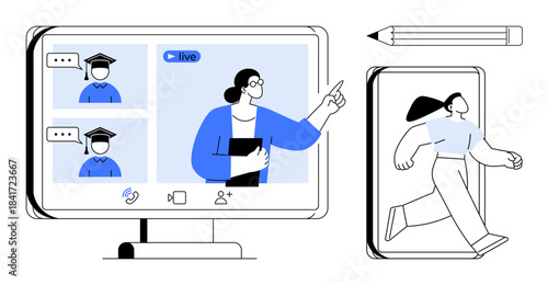 Education, virtual communication, e-learning, remote work, digital tools, creative learning. A teacher on a video call with students and a running figure exiting a phone screen. Education and virtual