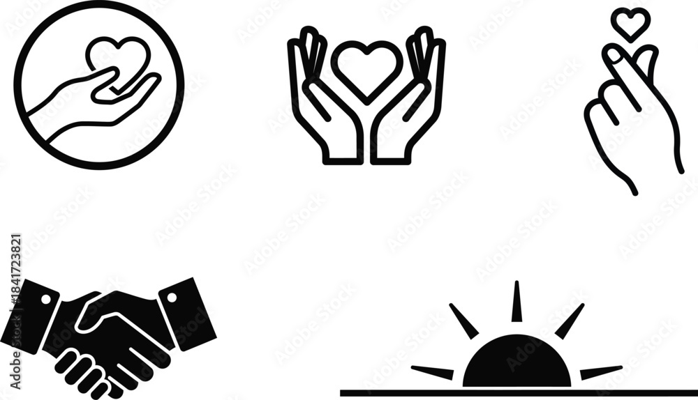Obraz premium Collection of diverse line art and solid black icons representing love care partnership and new beginnings suitable for various digital design projects