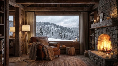 Cozy rustic room interior with armchair, a warm fireplace, and a wide window with snow outside. Looped footage for background.