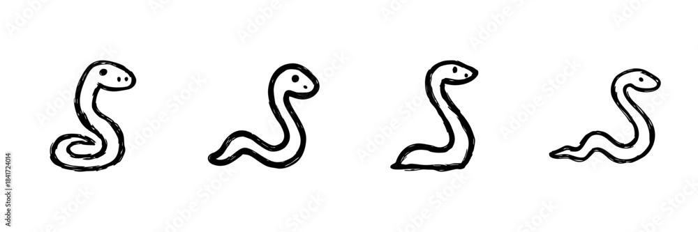 Fototapeta premium Cute Snake Line Icon Set In Doodle Style. Reptile Illustration And Wildlife Symbol Outline Sketch Collection. Hand Drawn Isolated Vector Illustration
