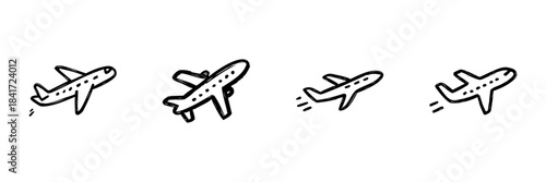 Airplane Flight Path Line Icon Set In Doodle Style. Aviation, Travel, And Transportation Outline Sketch Collection. Hand Drawn Isolated Vector Illustration