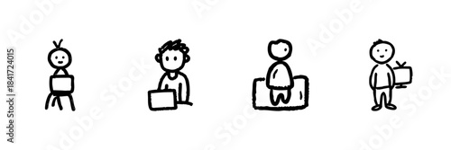 Stick Figure Characters With Laptops And Tv Line Icon Set In Doodle Style. Remote Work, Technology, And Entertainment Outline Sketch Collection. Hand Drawn Isolated Vector Illustration