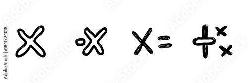 Mathematical Symbols Line Icon Set In Doodle Style. Multiplication, Division, And Addition Outline Sketch Collection. Educational And Mathematical Concepts. Hand Drawn Isolated Vector Illustration