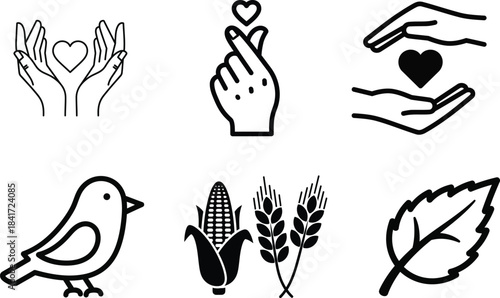 Diverse collection of line art icons featuring human hands expressing love and care alongside