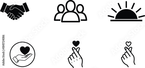 Diverse collection of monochrome vector icons illustrating concepts of partnership community new beginnings love and affection with handshake people sunrise and finger heart gestures