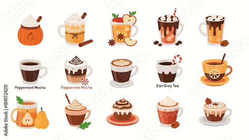 Variety of Delicious Coffee Drinks with Cream and Toppings on White Background.