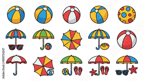 Collection of beach balls and umbrellas for summer fun.