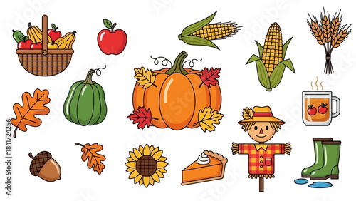 Autumn Harvest Collection Of Seasonal Symbols And Objects.