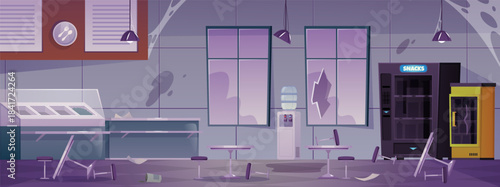 Destroyed and abandoned cafe and restaurant interior vector flat illustration, broken window, furniture, vending machine