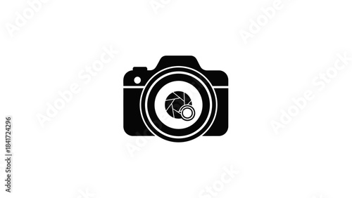 Black camera icon with aperture detail on white background.