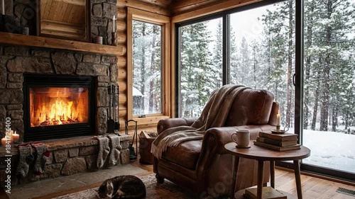 A fireplace burns inside a wooden cabin on a winter day with snow outside. Looped footage for background.