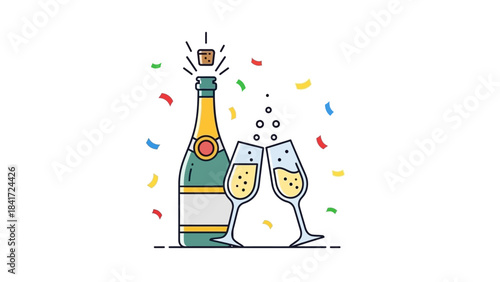 Champagne bottle and glasses with confetti celebration.