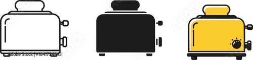 Toaster icon set vector, kitchen appliance silhouettes, modern breakfast symbol, minimalist black and yellow design, toast maker graphic isolated on clean white background.