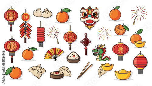 Vibrant Chinese New Year Celebration Elements and Traditional Decorations.