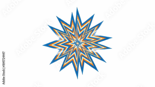 Abstract burst of orange and blue energy with sharp points radiating outward on white background