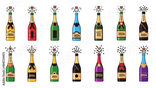 Collection of colorful champagne bottles with fireworks and 2024 labels.