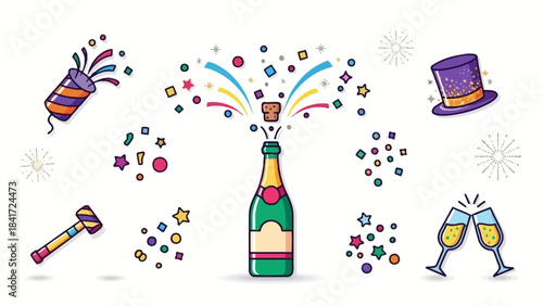 Champagne bottle popping with confetti and party elements.