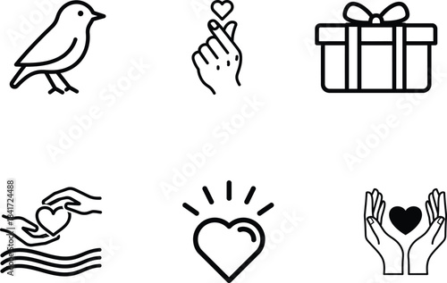 Modern minimalist collection of black outline vector icons featuring a bird thoughtful hand gestures
