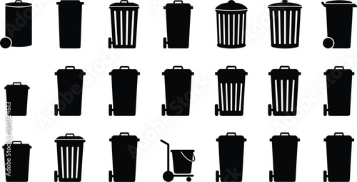 Trash bin silhouette set, waste container icons, garbage can vector collection, recycling bins, dumpster illustration, trash can symbols for cleaning and disposal design