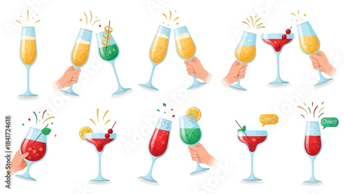Collection of festive alcoholic and non-alcoholic drinks clinking glasses.
