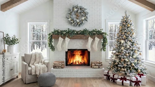 A rustic room with a fireplace and a Christmas tree near the window. Looped footage for background.