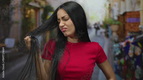 Woman expressing displeasure with long hair on a vibrant city street, showcasing a young hispanic female outdoors in an urban environment during a sunny day.