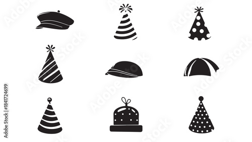 Silhouette Set of Party Hats, Birthday Caps, and Casual Headwear 