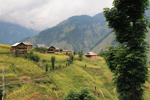 Wallpaper Mural View of rustic wooden houses nestled on a lush green hillside against a backdrop of towering mountains under a cloudy sky, Neelum Valley, Azad Kashmir, Pakistan. Torontodigital.ca