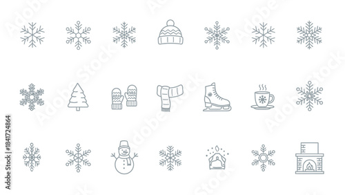 Winter Icons Collection Snowflakes Christmas Tree Snowman Fireplace.