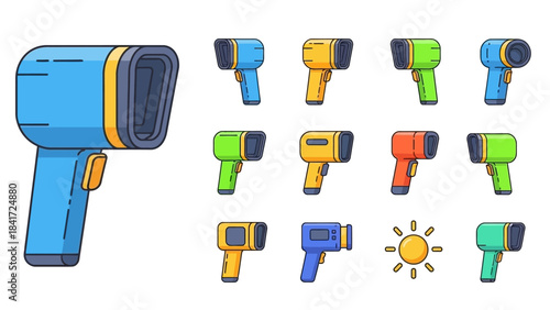Collection of colorful digital thermometers and sun icon.