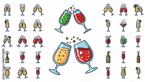 Collection of cartoon champagne glasses toasting and celebrating.