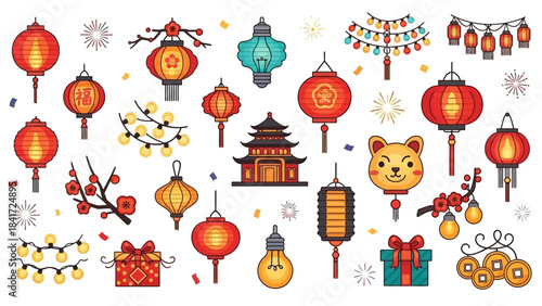 Collection of festive Chinese lanterns and decorations for celebrations.