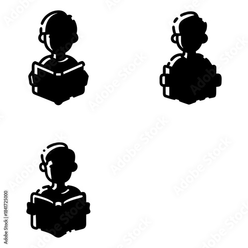 Three silhouettes of people reading books. Each figure features a head and shoulders silhouette