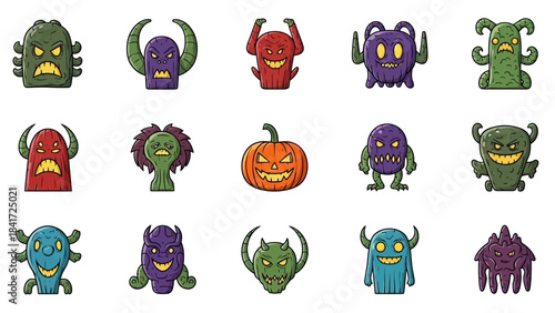 Collection of cartoon monsters and Halloween pumpkin characters.