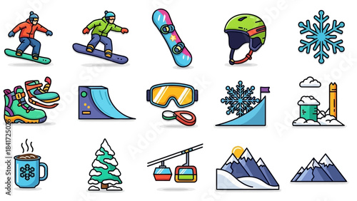 Winter Sports and Snowboarding Equipment Icons Collection.