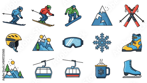 Winter Sports Icons Collection Featuring Skiing Snowboarding and Mountain Activities.
