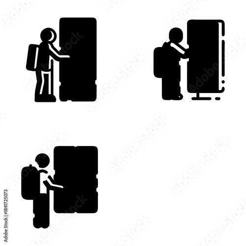 Three silhouetted figures with backpacks interact with refrigerators. Each figure is positioned