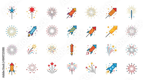 Collection of colorful fireworks and rockets for celebrations.