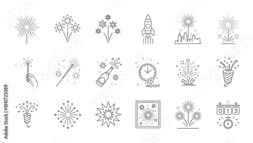 Collection of festive fireworks and celebratory sparklers in line art style.