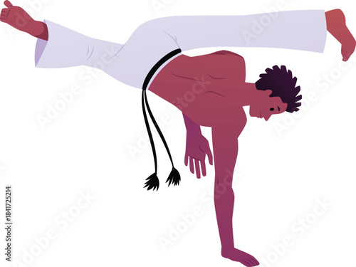 Young man doing capoeira handstand pose, performing acrobatic exercise, vector cartoon Brazilian dance and fight sport