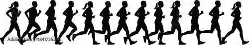 Silhouettes of people running in sequence, jogging motion cycle illustration, fitness workout artwork, athletic movement design, active lifestyle concept for health themes