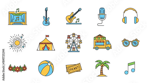 Collection of colorful icons representing music and entertainment themes.