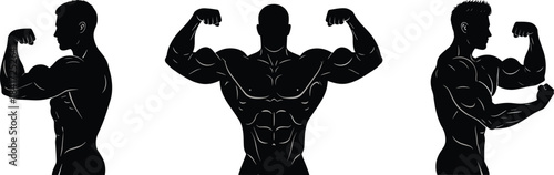 Bodybuilder flexing muscles illustration, strong male athlete posing, muscular physique artwork, bodybuilding silhouette design, fitness strength concept, athletic anatomy graphic