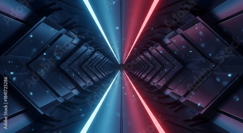 Fototapeta Naklejka Na Ścianę i Meble -  Abstract futuristic tunnel background with dark metallic geometry and contrasting neon light beams in blue and red, 3D render.
