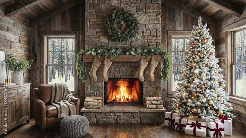 A rustic room with a fireplace Christmas tree and snow visible outside the window. Looped footage for background.