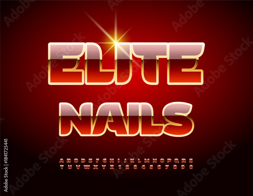Vector Premium sigh Elite Nails. Red and Gold shiny Font. Chic stylish Alphabet Letters and Numbers set
