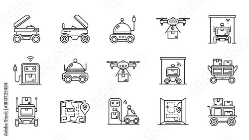 Collection of futuristic delivery robots and drones icons.