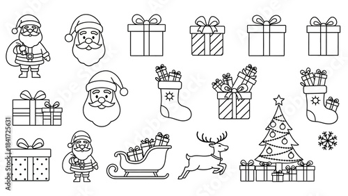 Christmas Icons Set Santa Claus Gifts Sleigh Reindeer Tree.