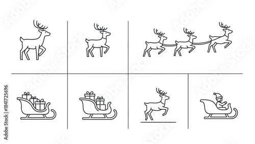 Christmas Reindeer and Santas Sleigh Collection Line Art.