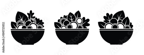 Collection of simple graphic black salad bowl icons for healthy food concepts and dietary themes
